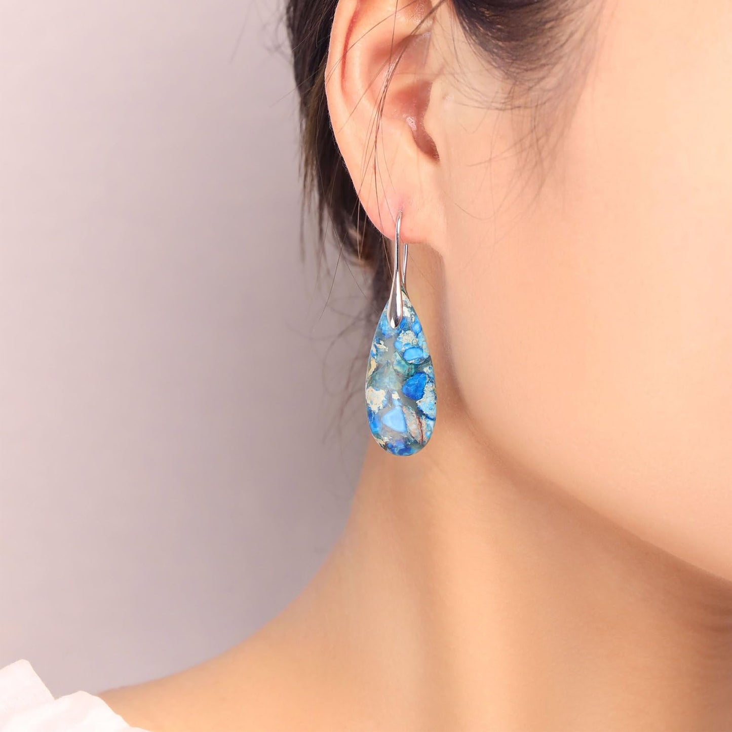 Lettarius Natural Crystal Healing Moon Stone Drop Earrings for Women Colorful Sea Sediment Rock Teardrop Birthstone Quartz Dangle Silver Plated Jewelry