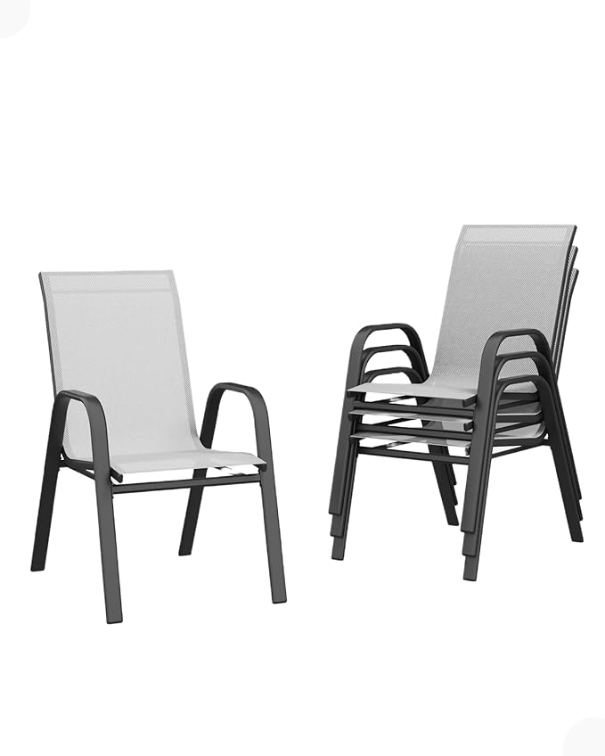 Outdoor Stackable Dining Chairs Set of 4, High-Back Patio Stacking Chairs, Patio Chairs with Textilene Farbic & Metal Frame for Lawn Backyard Deck Garden,Grey