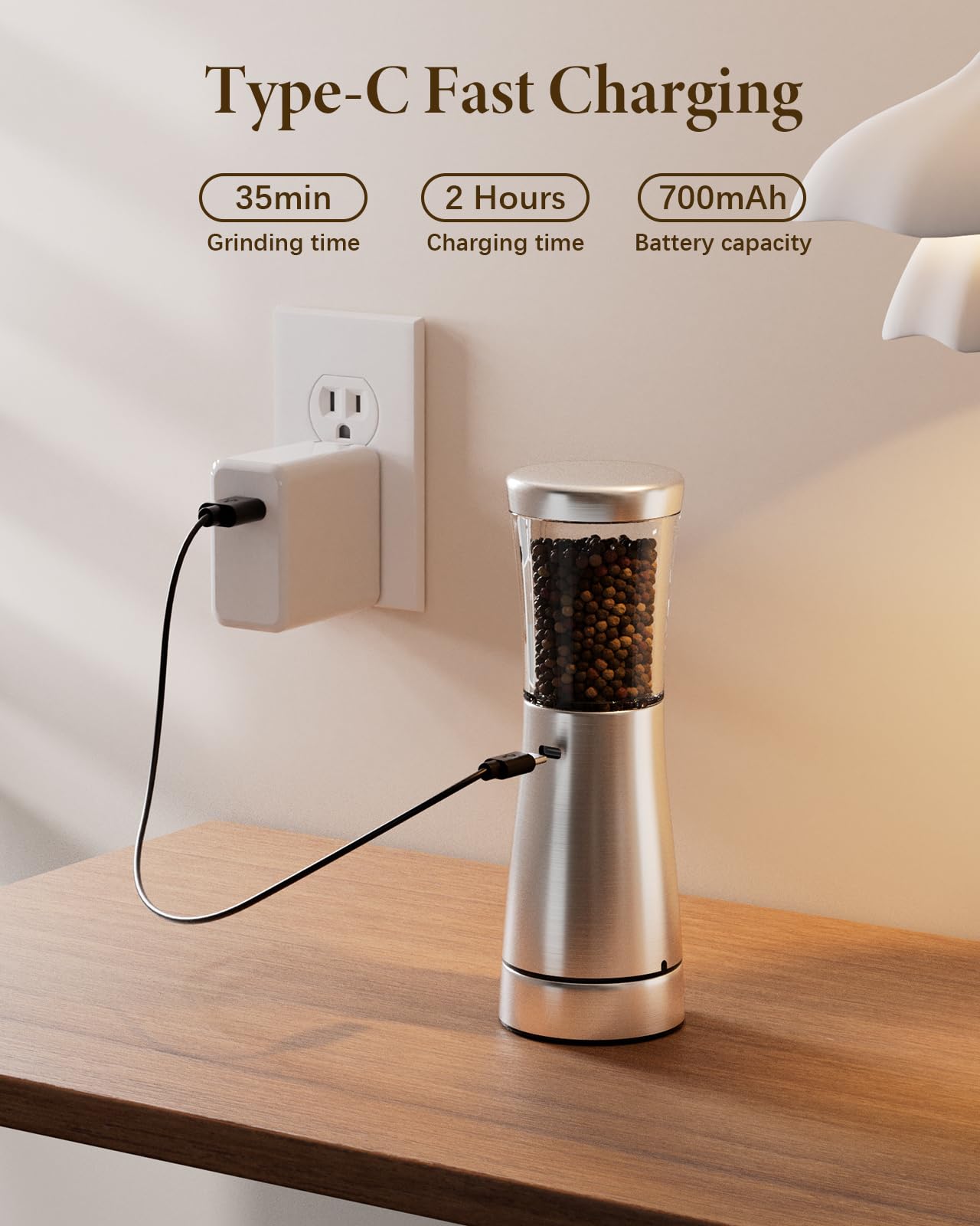 Electric Salt and Pepper Grinder Set Rechargeable, Electric Pepper Grinder with Adjustable Coarseness, 4.5oz Large Capacity, 1.8" Wide-Mouth & Storage Base, One-Hand Operation Kitchen Gadgets