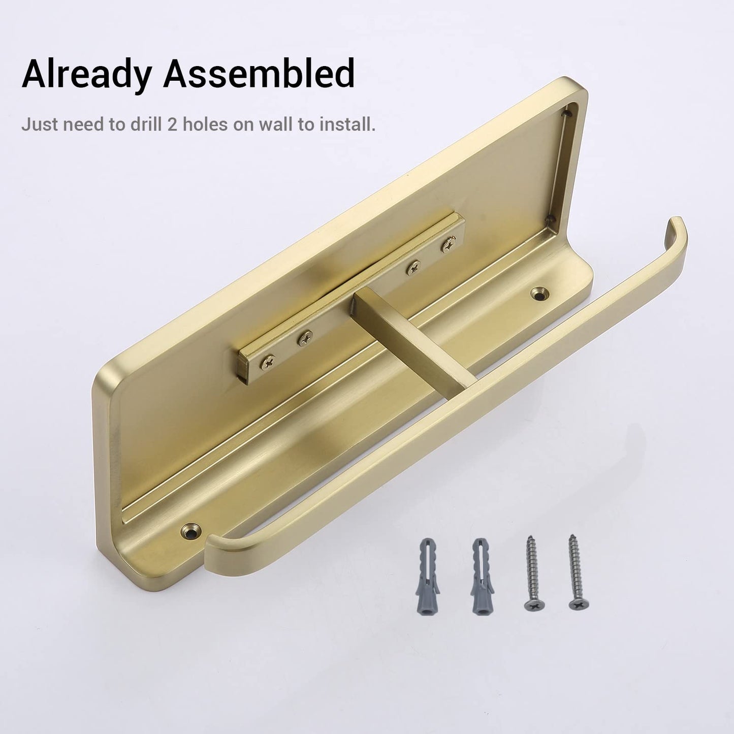Dual Roll Toilet Paper Holder with Phone Shelf, Solid Metal Bathroom Accessory Tissue Dispenser Storage Wall Mounted, Spot Resist, Brushed Gold