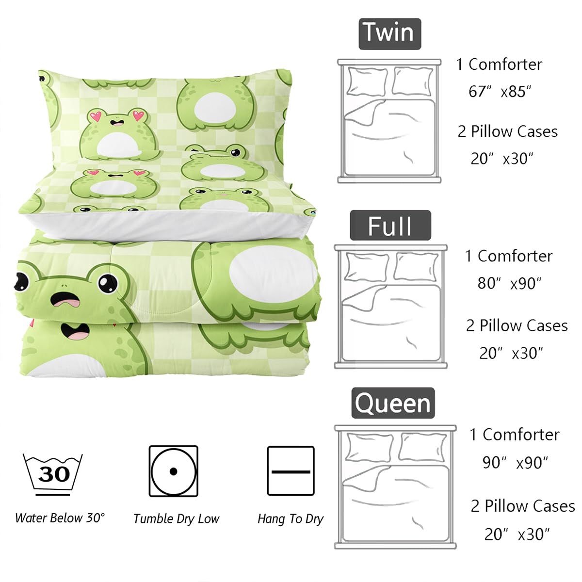 Nttopship Cartoon Frog Comforter Bedding Set with 2 Pillowcase Full Size Cute Animals Comforter Set for Kids Boys Girls Bedroom Decor