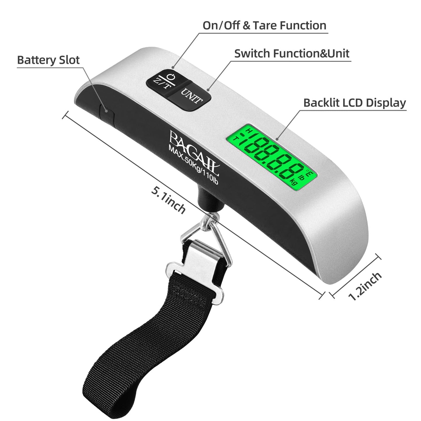 BAGAIL Digital Luggage Scale, 110lbs Hanging Baggage Scale with Backlit LCD Display,Portable Suitcase Weighing Scale,Travel Luggage Weight Scale with Hook,Strong Straps for Travelers(Ash Silver/Temp
