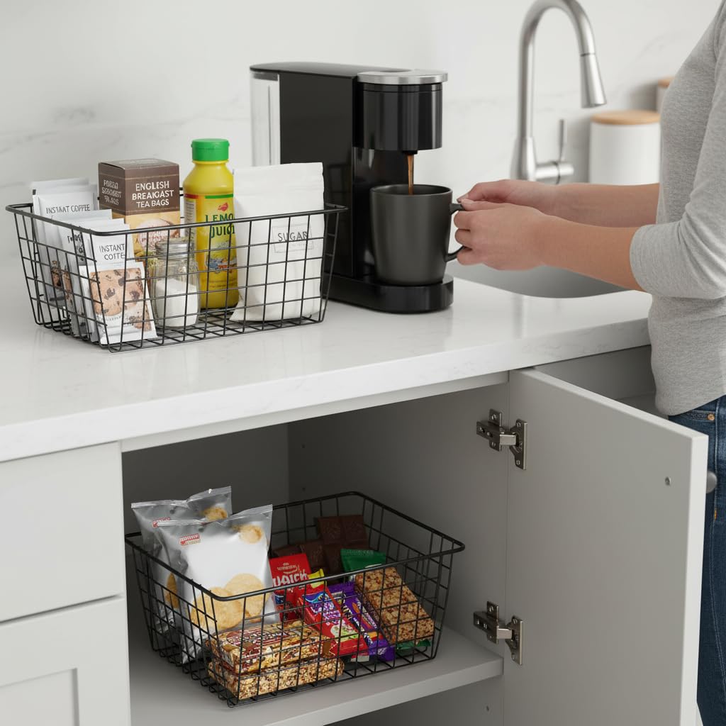 Aeggplant Kitchen Metal Wire Baskets Farmhouse Decor Metal Food Storage Organizer,Household Refrigerator Bin with Built-in Handles for Cabinets,Pantry,Bathroom,Black