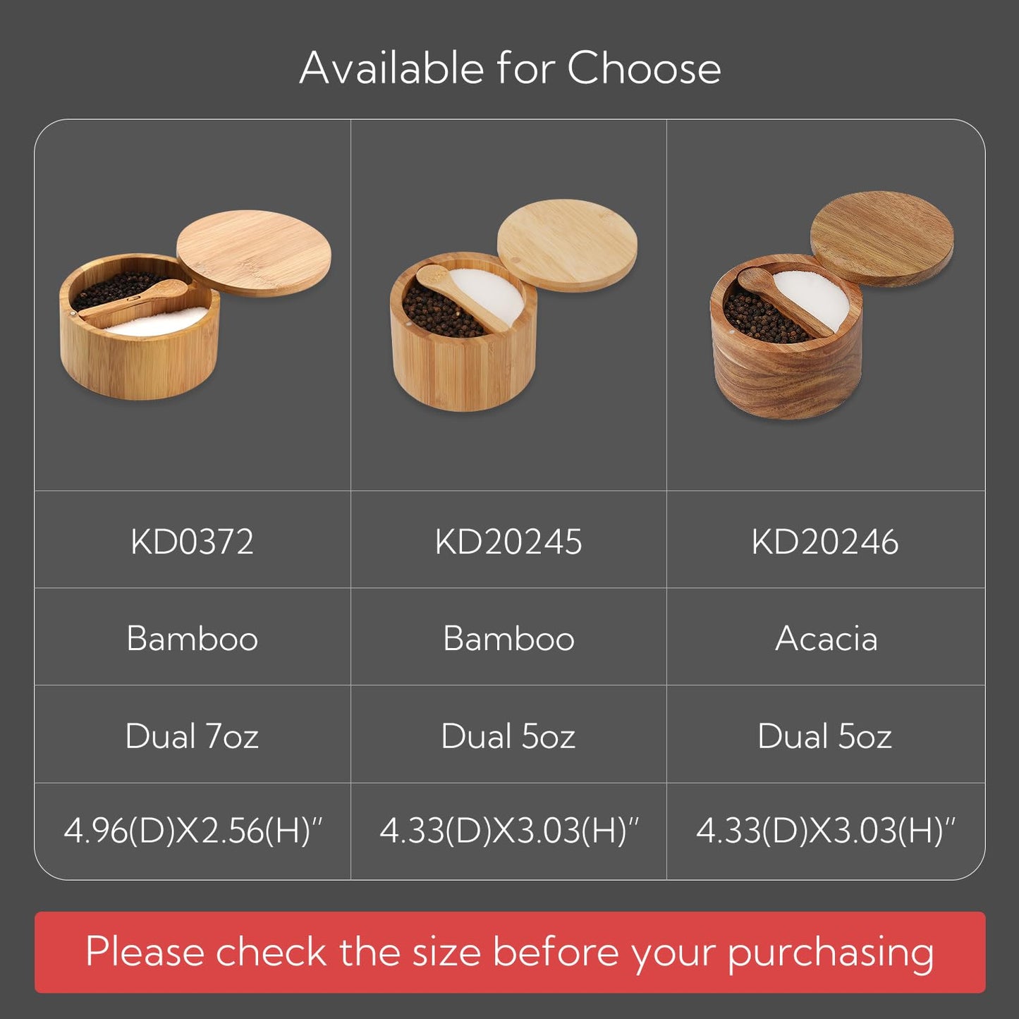 KITCHENDAO Acacia Wood Salt and Pepper Bowl Box, Built-in Spoon, Two Compartments Spice Seasoning Container, Sea Salt Cellar Holder, Magnetic Swivel Lid, Dual 5oz Capacity