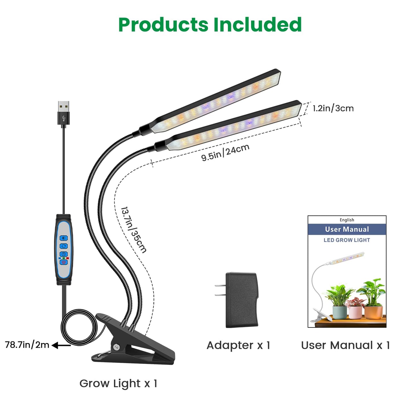 Aumtrly Grow Lights for Indoor Plants, 2 Head 114 LED Full Spectrum Clip on Plant Lights for Indoor Growing with 6/12/16H Timer, 5 Dimming, 3 Light Mode, Black Gooseneck Grow Lamp