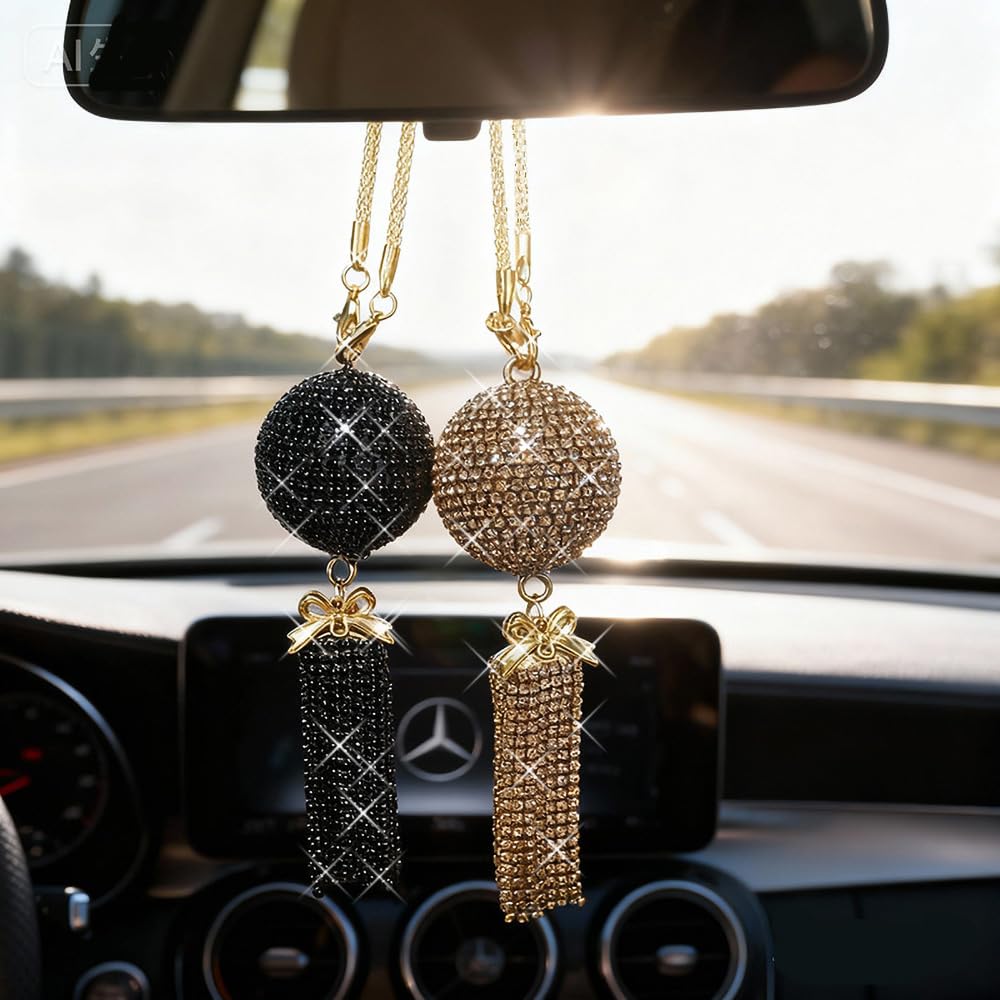 Bling Rear View Mirror Ornament for Women - Sparkling Crystal Ball with Rhinestone Tassel, Girly Cute Car Mirror Hanging Pendant Decor Accessories (Dark Blue)