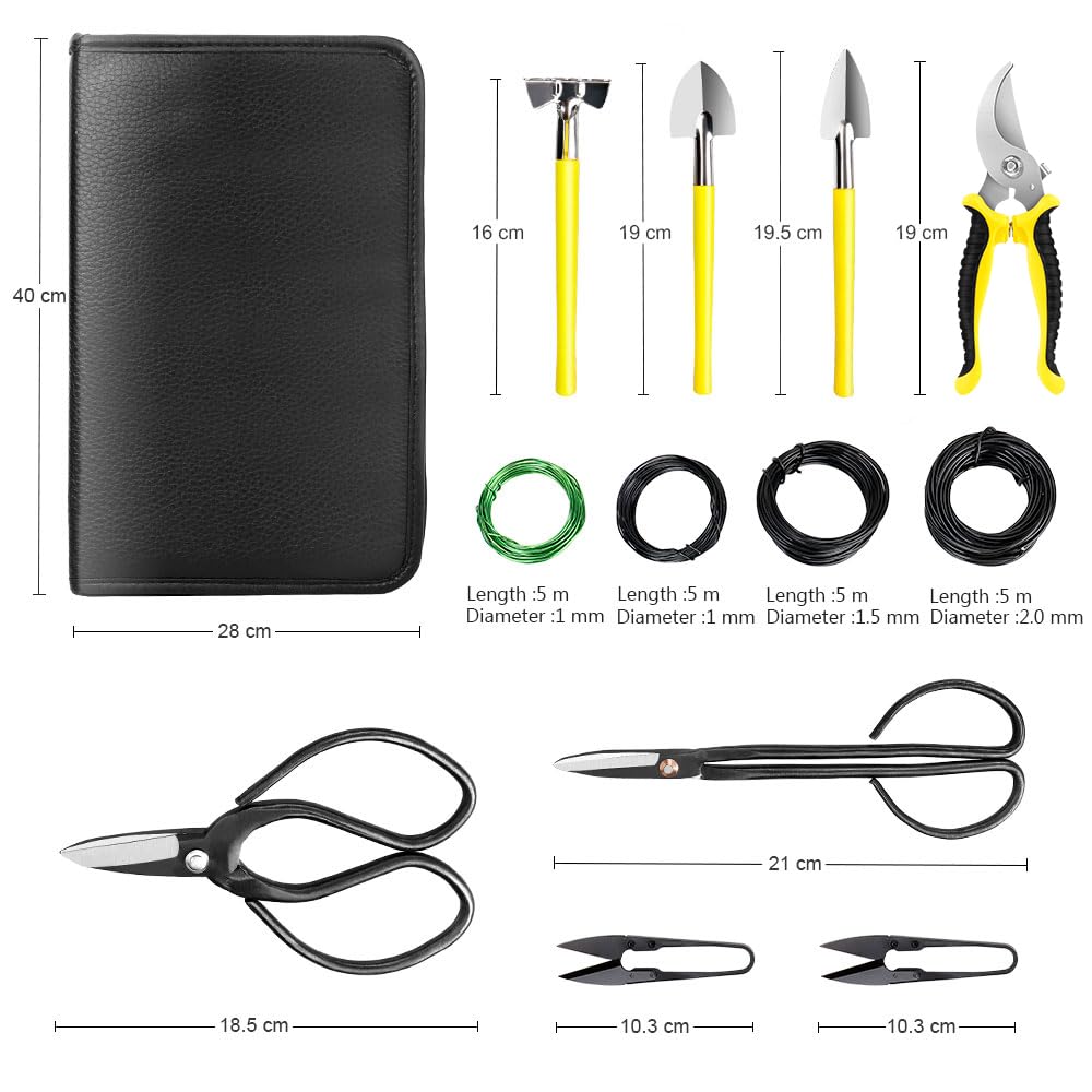 Bonsai Tools Set 13Pcs, Bonsai Essentials with PU Leather Bag, High Carbon Steel Succulent Trimming Kit, for Pruning, Raking, Training Plants, Ideal Gardening Gifts