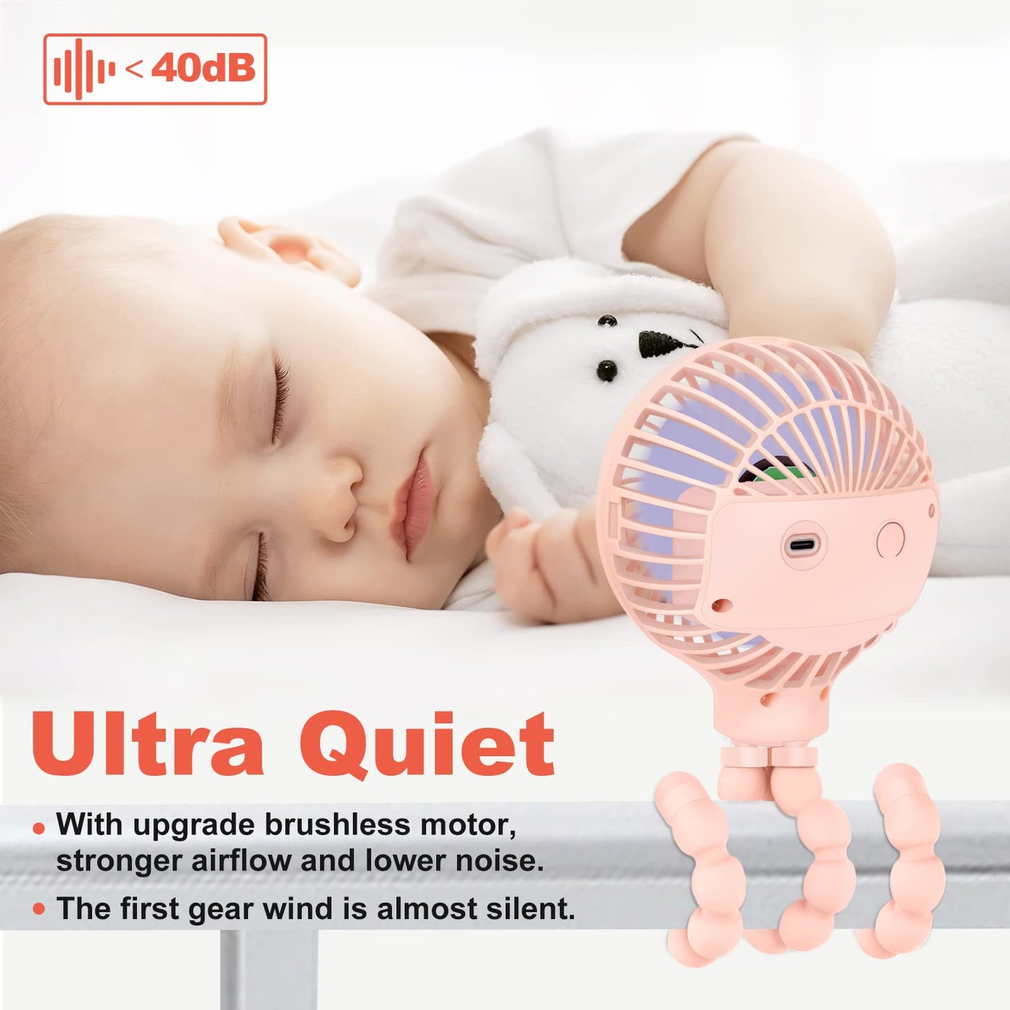 TRELC Mini Stroller Fan, 19H Ultra-long Battery Life, Personal Handheld Clip on Portable Rechargeable Fan with Flexible Tripod, Gift for Children Baby Office Room Car Travel BBQ Gym (Pink)