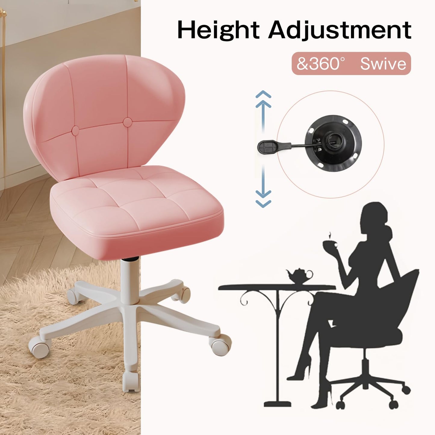 Timbertouch Small Office Chair with Lumbar Support, PU Leather Armless Swivel Desk Chair Adjustable Height, Compact Rolling Chair for Home Office, Bedroom, Study (Pink)