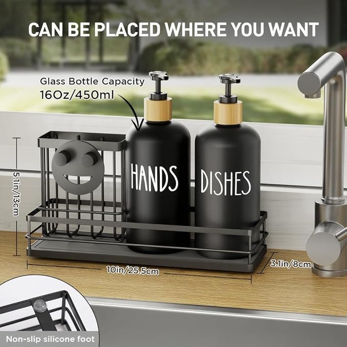 Moforoco Kitchen Dish Soap Dispenser Set, 16OZ Glass Bottle, Hand and Dish Soap