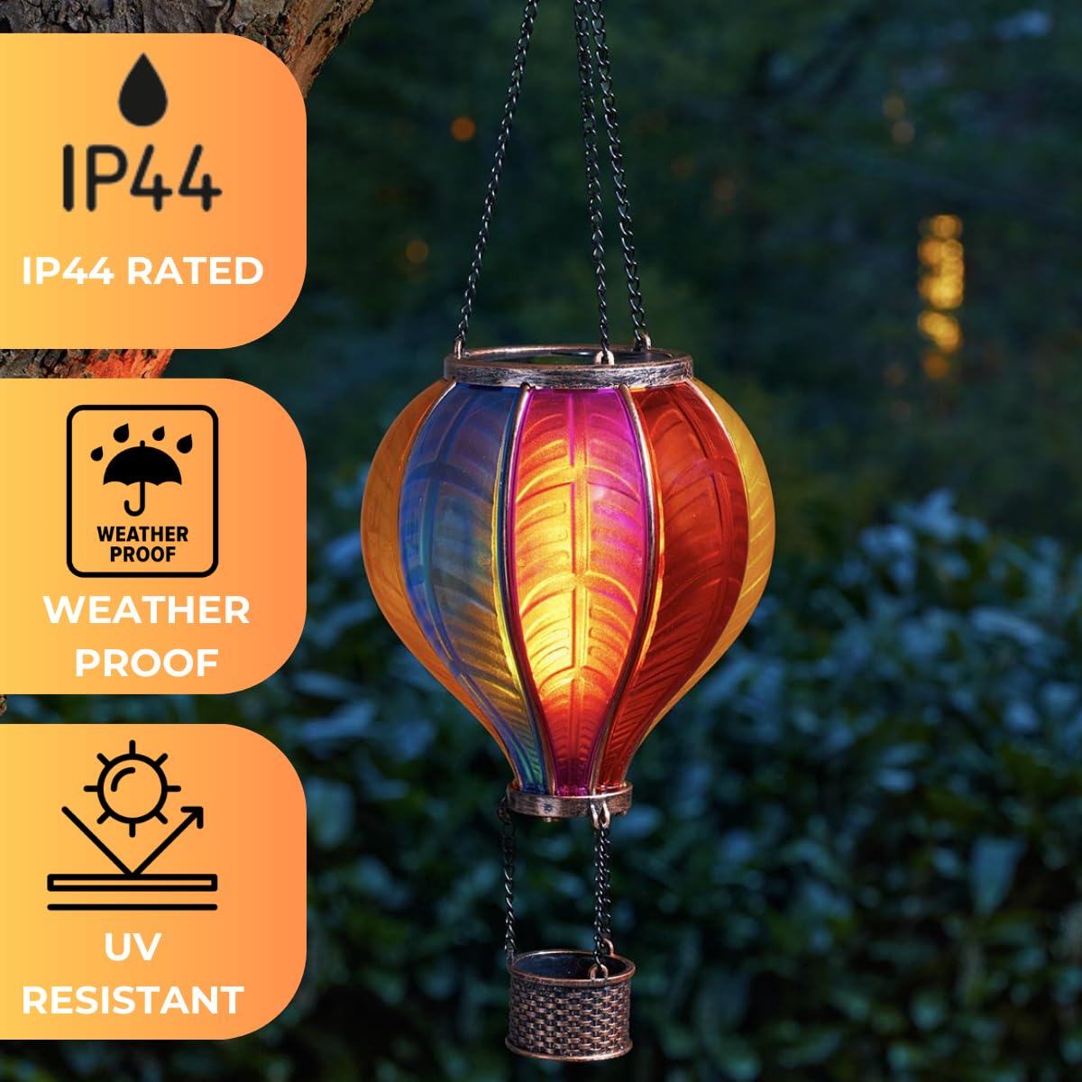 Festive Lights - 45cm Solar Power Rainbow Stain Cool Fiesta Realistic Flame Outdoor Hanging SMD LED Hot Air Balloon Lantern - Multicoloured Glass Effect Flaming Garden Light with Handle