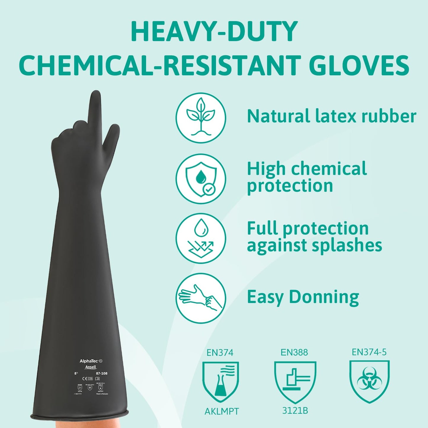 Ansell AlphaTec 87-108 Chemical Resistant Gloves in Latex with Long Cuff (61cm/24in), Heavy Duty Protection against Acids and Solvents, Reusable Rubber Latex Gloves, Black, Size L (1 Pair)