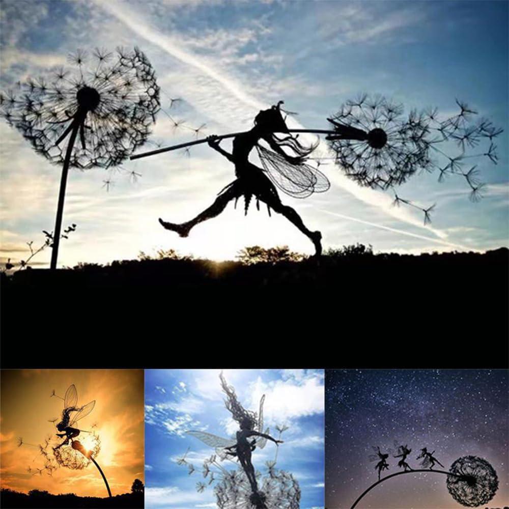 Fcteap Flower Fairy Dancing with Dandelion Garden Art Sculpture Stainless Steel Statue Christmas Halloween Decoration for Outdoor Yard Courtyard Lawn Patio Metal Ornaments (Long Travel)
