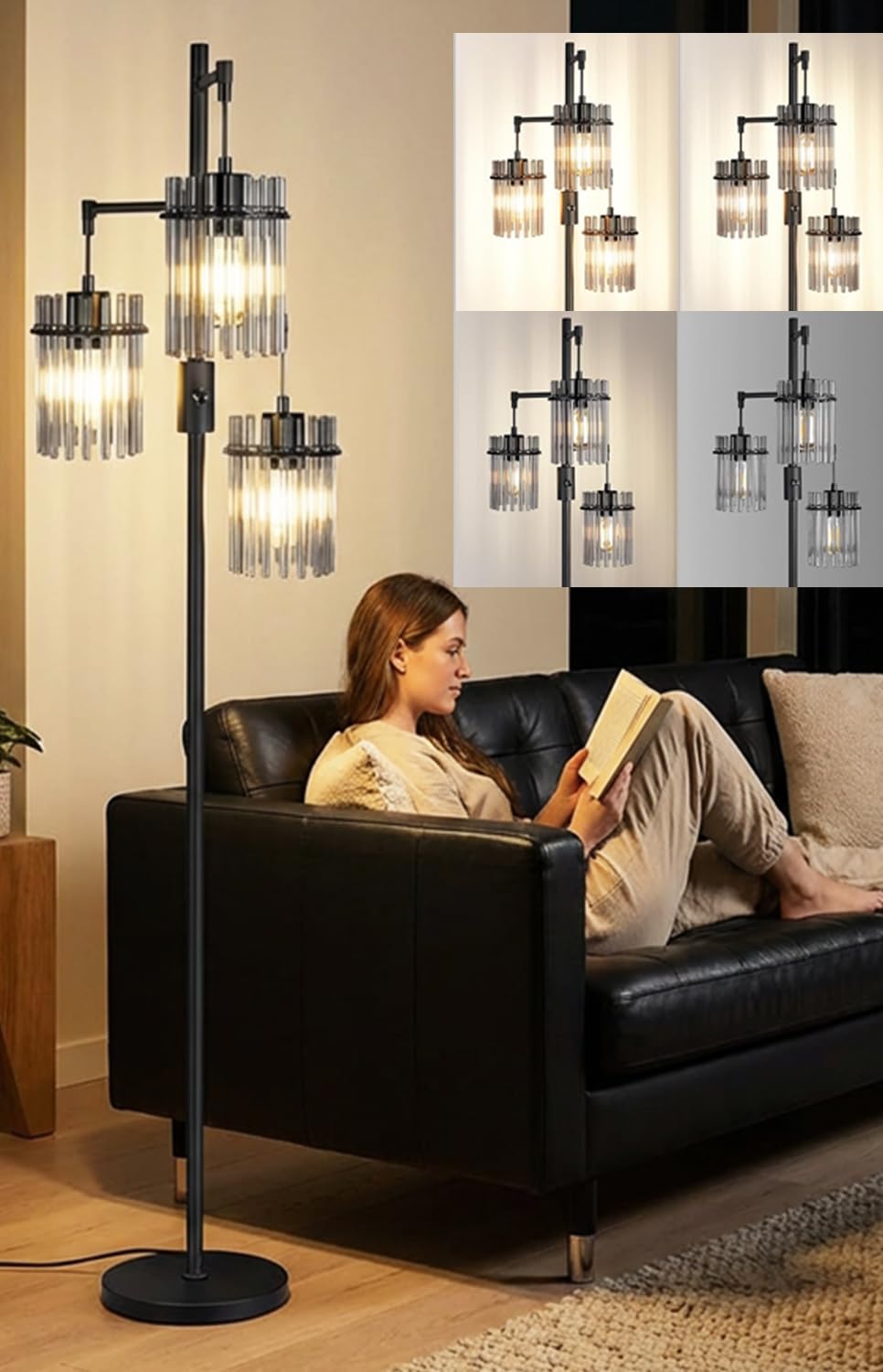 Dimmable Black Crystal Standing Farmhouse Tree Floor Lamp for Living Room