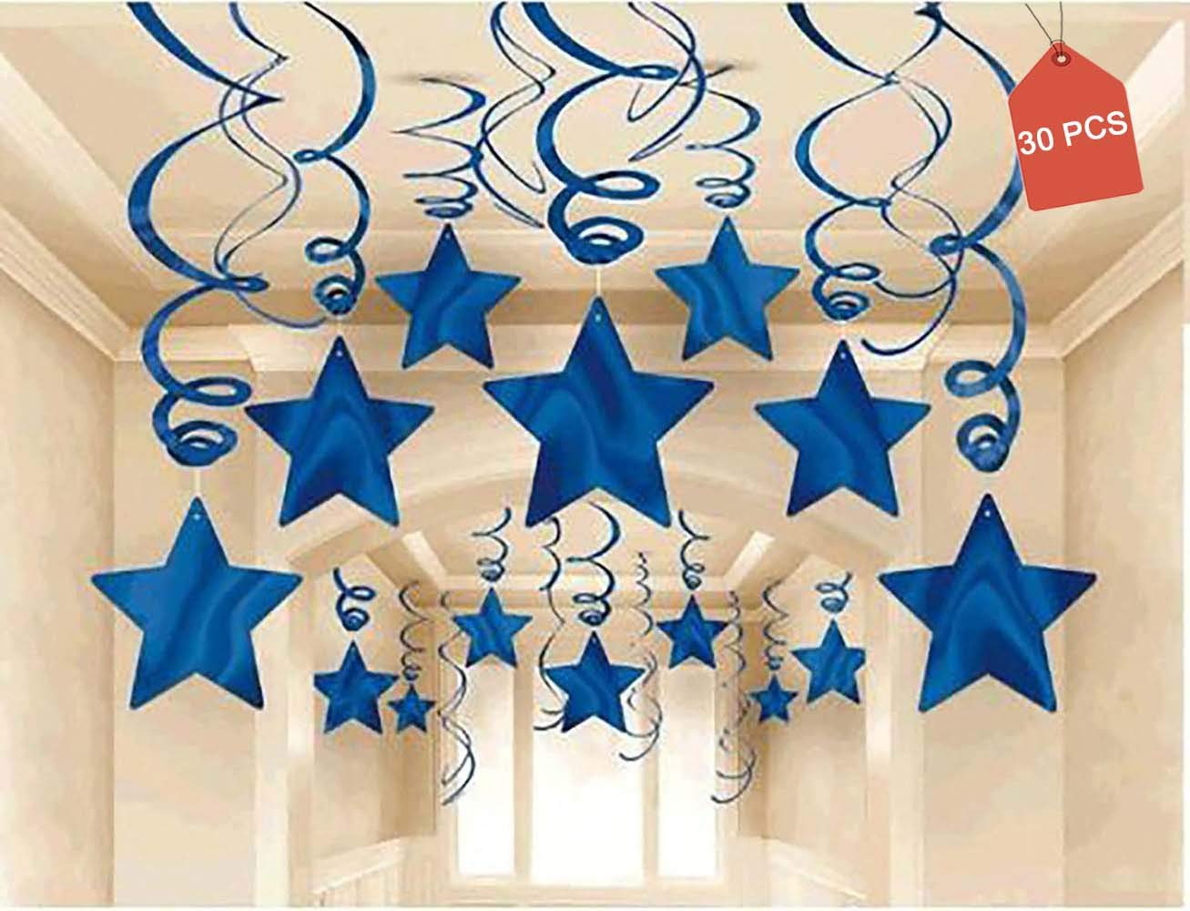 AimtoHome Party Swirl Decorations, Hanging Swirl for Ceiling Decorations, Blue with Star, Pack of 30