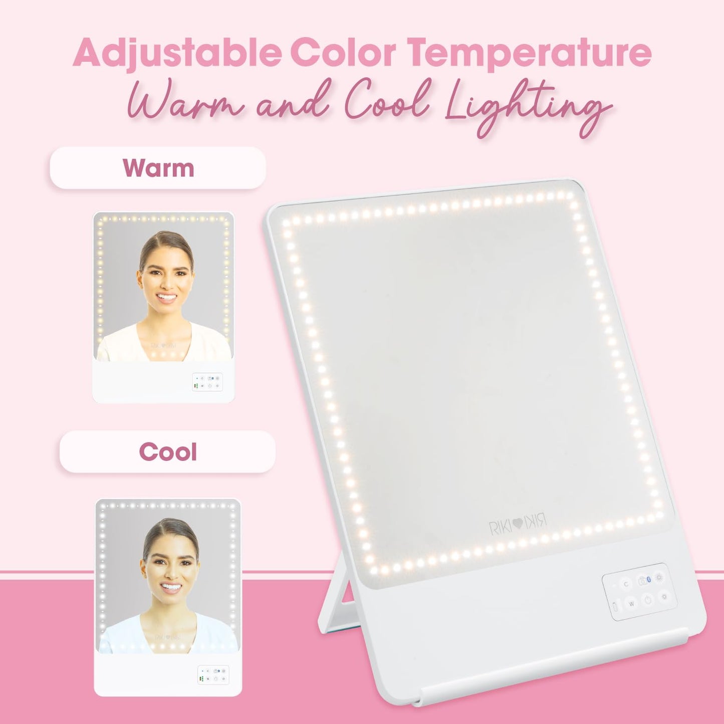 RIKI LOVES RIKI Skinny Lighted Vanity Mirror – Rechargeable Makeup Mirror with Adjustable Warm & Cool Lighting, 10X Magnifying Mirror, Phone Holder, Bluetooth Selfie, Portable Travel Mirror