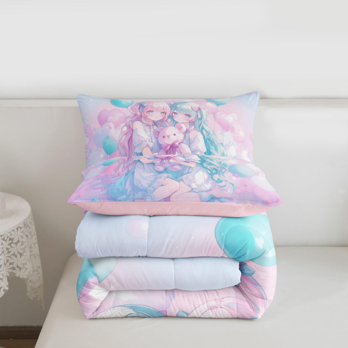 Erosebridal Anime Girl Kids Bedding | Girly Friendship Twin Comforter Sets,Fantasy Dreamy Girls Comforter Romance Ballons Duvet Insert with 1 Pillow Case