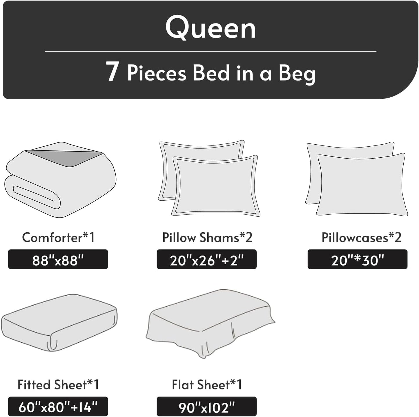 MUXHOMO Black&Grey Bed in a Bag Queen 7 Pieces, Queen Comforter Set Reversible Botanical Flowers Design, Ultra Soft & Breathable Bedding Sets with Comforter, Sheets, Pillowcases & Shams