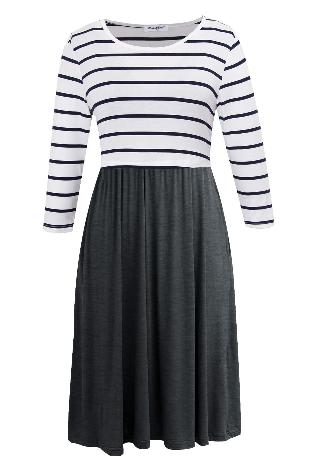 Smallshow Nursing Dresses 3/4 Sleeve Maternity Breastfeeding Dress for Women White Stripe-Deep Grey S