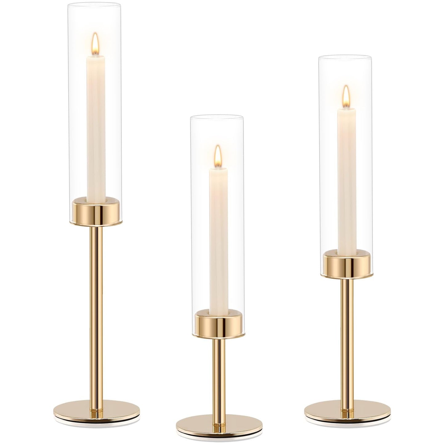 Gold Hurricane Glass Candle Holders Set of 3 Brass Taper Candlestick Holder