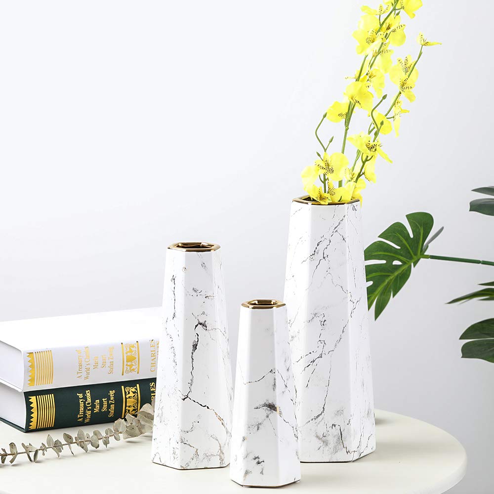 8inch White Gold Finish Marble Ceramic Flower Vase Home Decor Vase and Table Centerpieces Vase - Ideal Gifts for Friends and Family, Christmas, Wedding, Bridal Shower