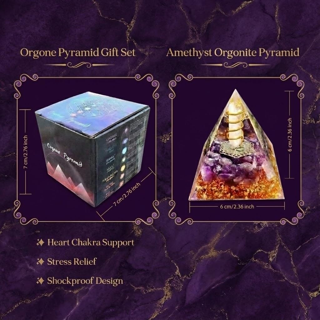 L&A Amethyst Orgonite Pyramid Decor – Focus & Stress Relief Crystal for Office Desk – Natural Healing Stone for Success, Productivity, Meditation & Valentine’s Gift (Purple, 2.4")
