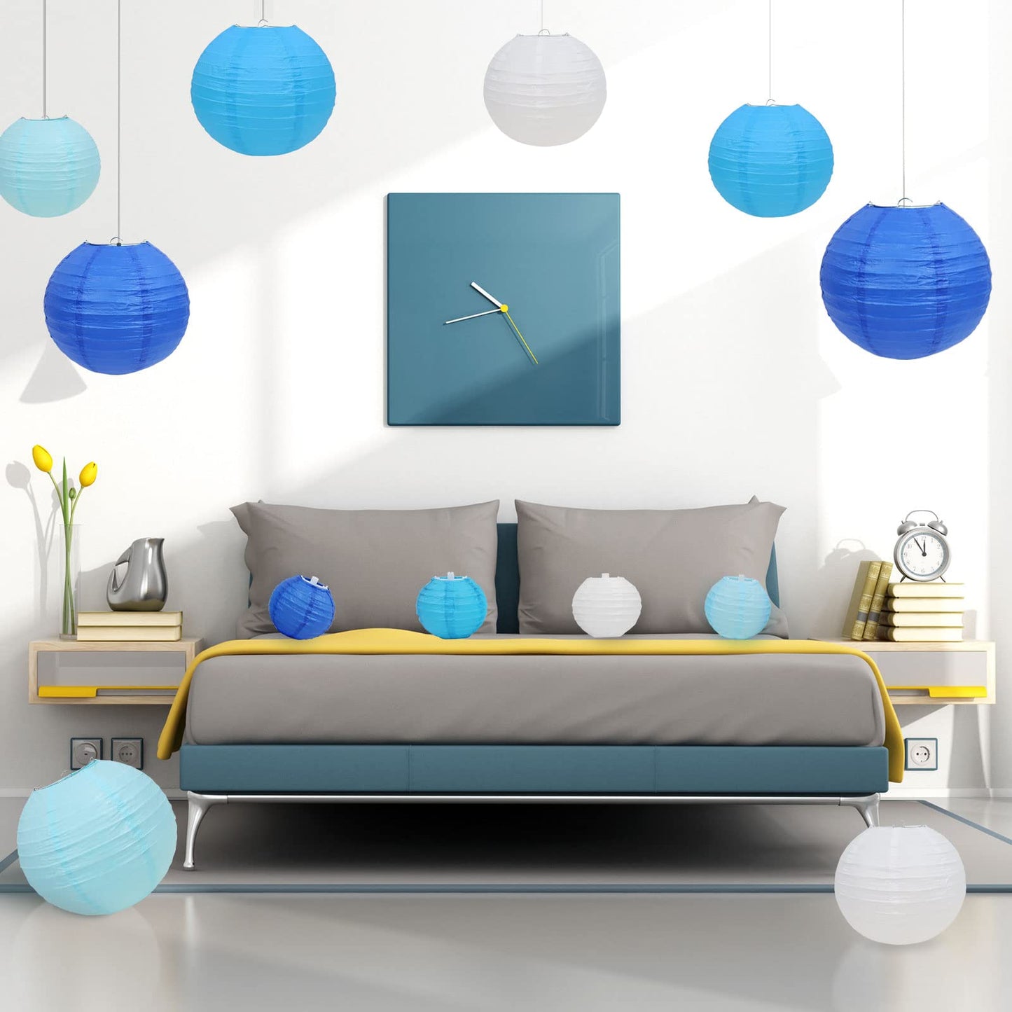 LURICO 16 Pcs Blue/White Paper Lanterns (Size of 4β, 6β, 8β, 10β) - Chinese/Japanese Paper Hanging Decorations Ball Lanterns Lamps for Home Decor, Parties, and Weddings