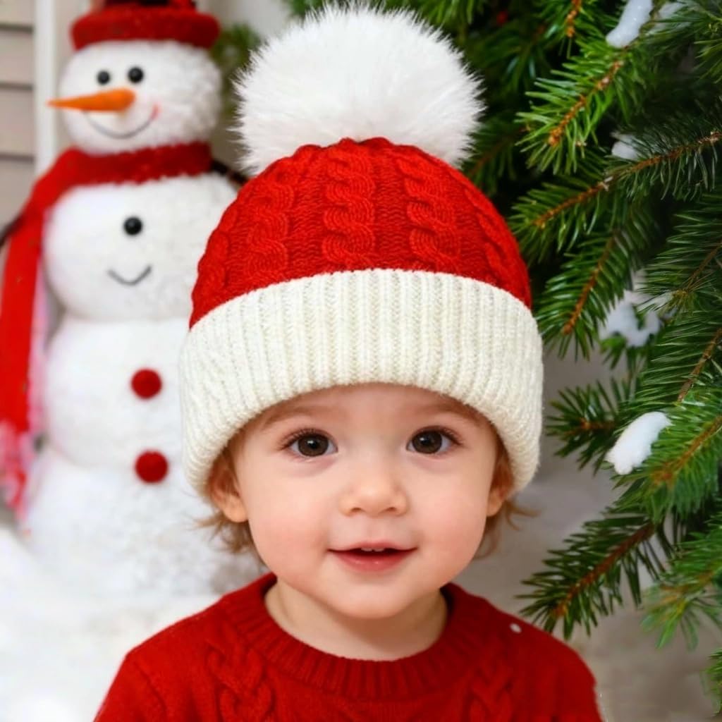 Christmas Knit Santa Hat Baby Knitted Beanie Hat for Infant Toddler 0 to 3 Years Old Red