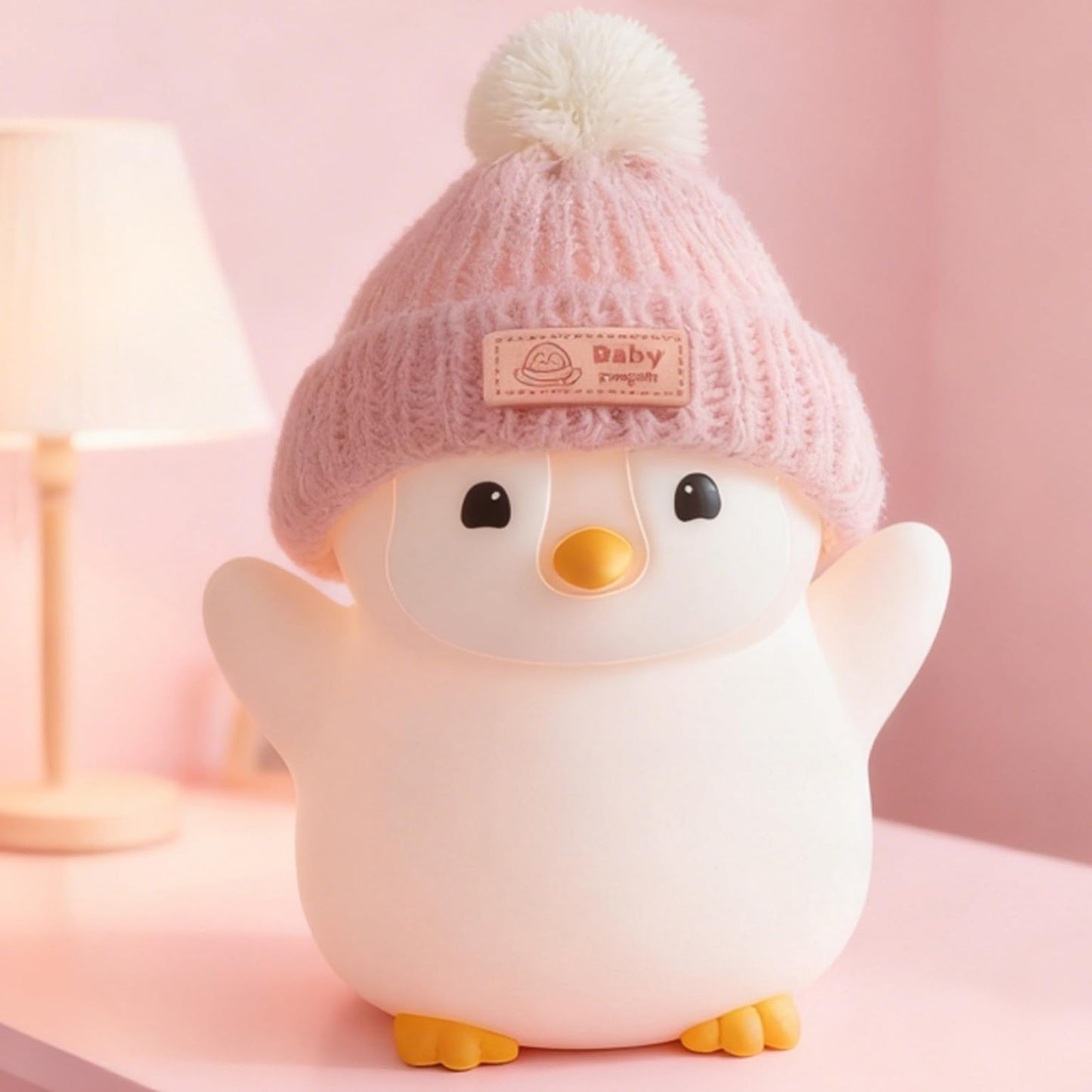 FAMIDUO Pink Penguin Night Light with Knit Hat - Squishy Silicone Rechargeable LED Bedside Lamp, Dimmable Timer for Baby Nursery, Cute Animal Nightlight, Adorable Penguin Gift for Boys Girls Toddlers