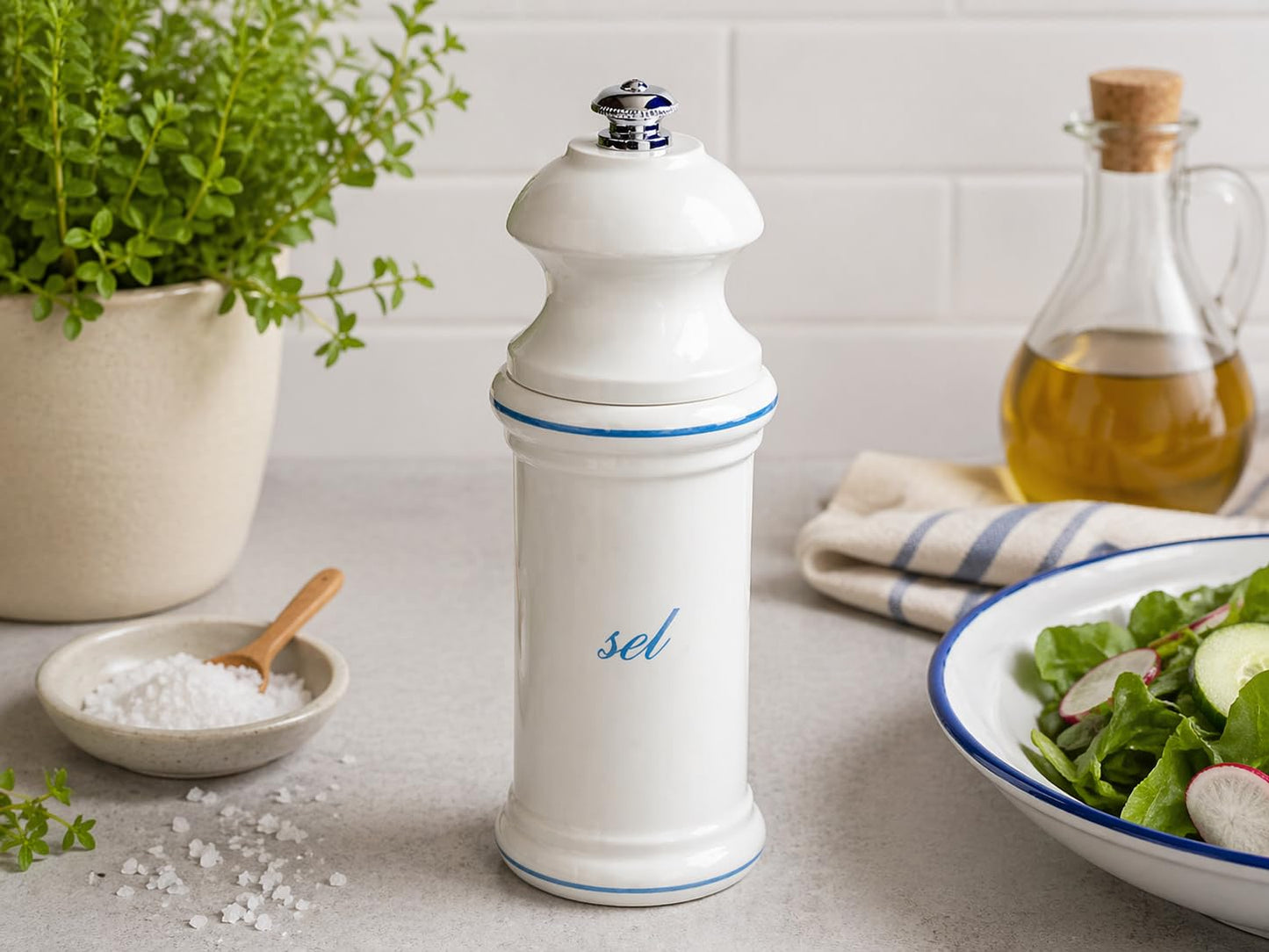 Fletchers' Mill Provencal Salt Mill, White with Blue "Sel" - 6 inch