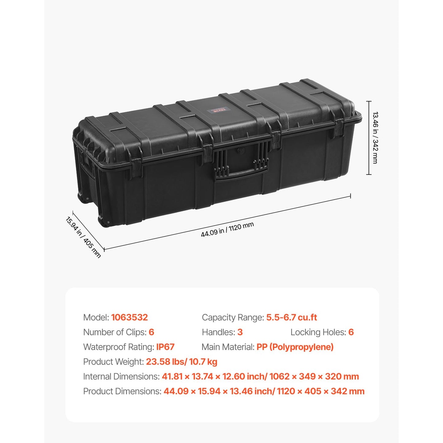 VEVOR Weatherproof Hard Case, Heavy Duty Protective Dry Box Case with Pre-Cut Foam Retractable Pull Handles for Travel, Hunt, Military, Tactical, IP67 Waterproof, for Cameras(44.09 * 15.94 * 13.46)