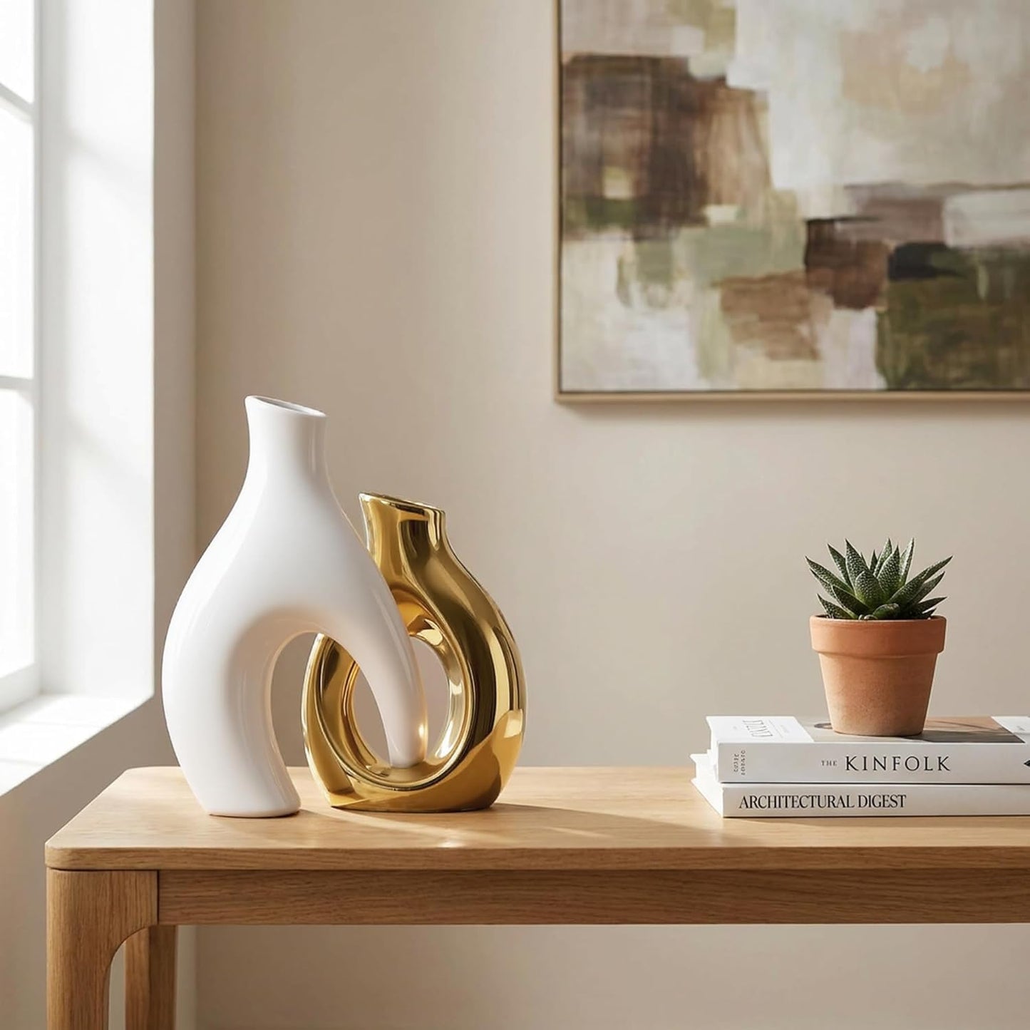 TZIZO Gold Vases Set of 2, Ceramic Flower Vase for Home Decor