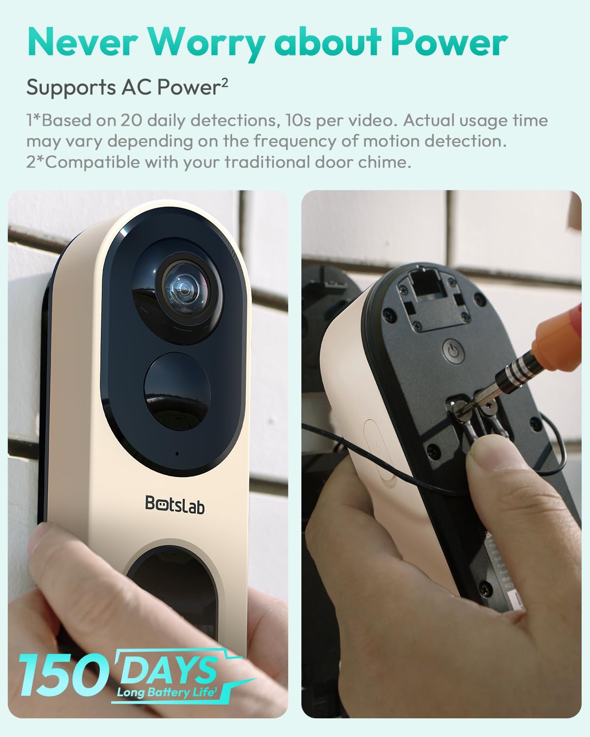BOTSLAB Doorbell Camera Wireless, 5MP Video Doorbell with Homebase, 180°Panoramic View, No Monthly Fee, 2.4 GHz WiFi, AI Motion Detection, VR Mode