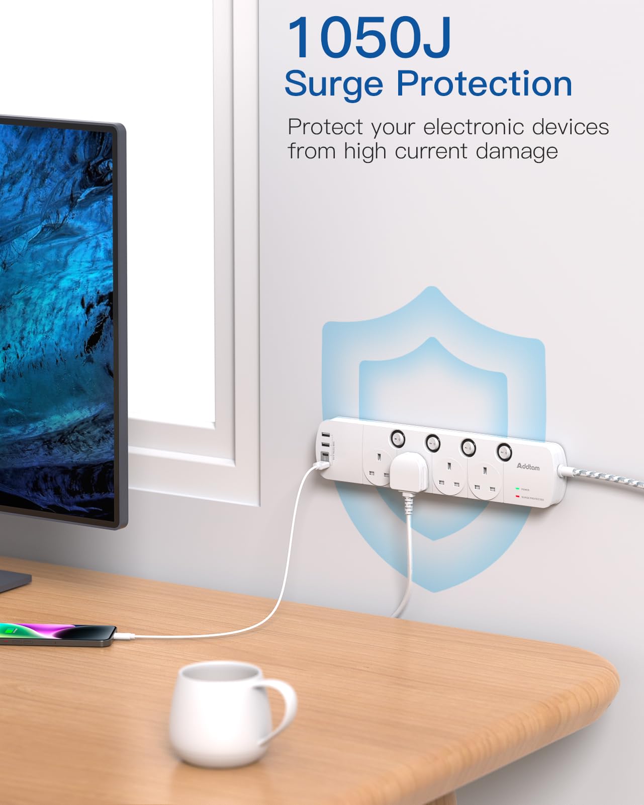 1.8M Extension Lead, 4 Way Socket Outlets Power Strips with 4 USB (2 Type C & 2 USB A), 1050J Surge Protection Multi Plug Extension with Braided Extension Cable for Home, Office, Individually Switched