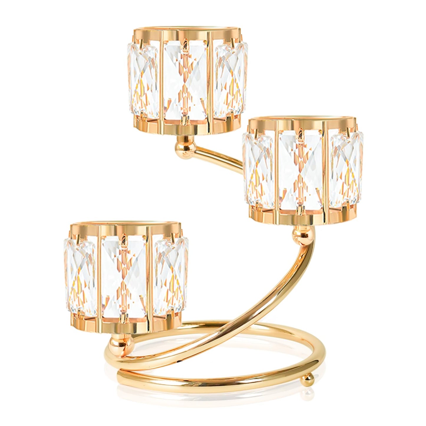 Metal 3 Arm Crystal Candle Holder - Tea Light Centerpiece Candle Holder, Votive Holder with Sparkling Crystal Bowl, Suitable for Wedding, Table Centerpiece, Home Decor (1, 3 arm-Gold)