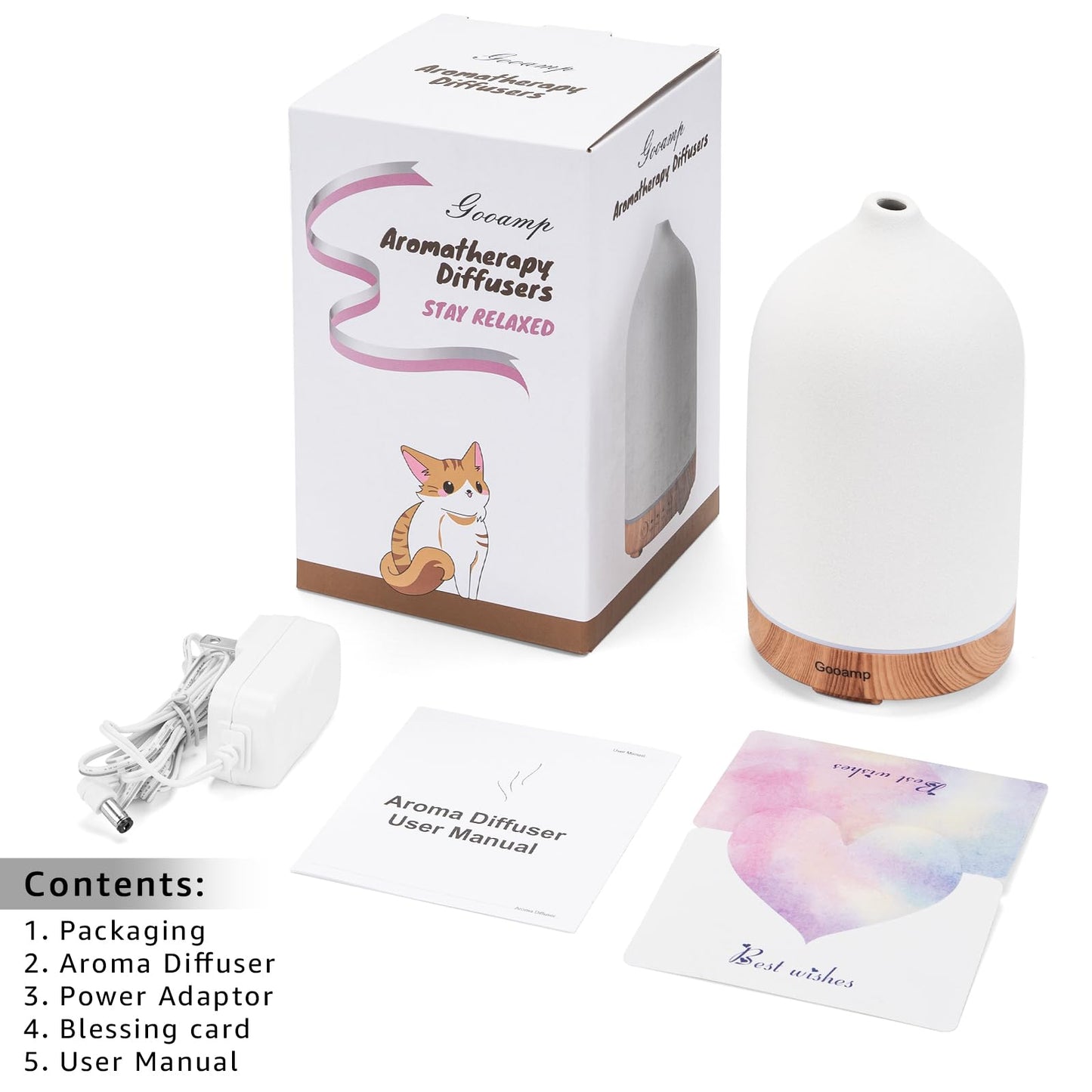 Gooamp 200ML Ceramic Essential Oil Diffuser - Ultrasonic Aromatherapy & Humidifier with 7-Color LED Lights, Auto Shut-Off, Wood Grain Base, 1H/3H/6H Timer | Scent for Home, Office, Yoga