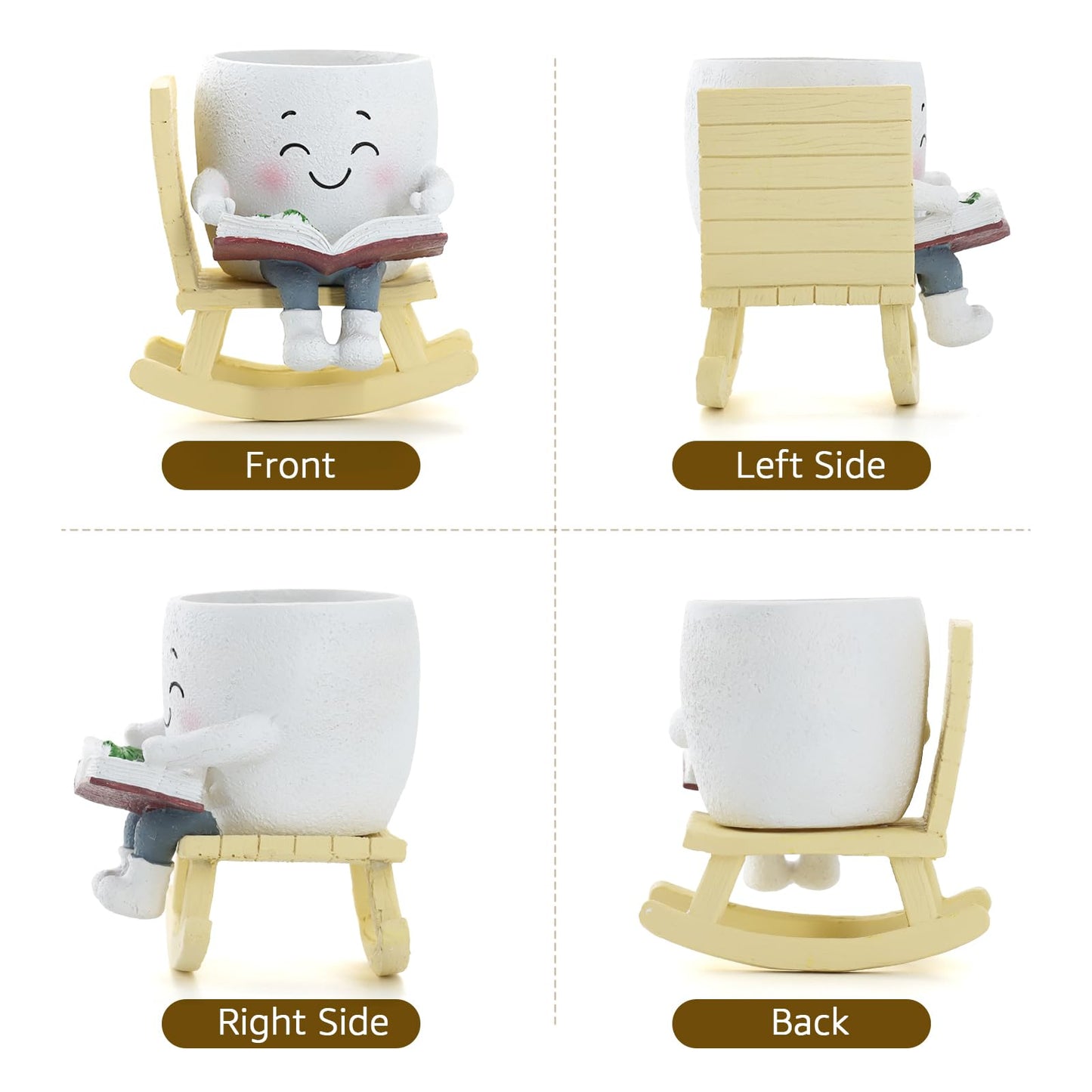 Smiley Face Planter Pot, Cute Resin Head Planter with Drainage Hole, Unique Rocking Chair Succulent Pot for Indoor Outdoor Plants, Funny Plant Lovers Gift for Mother's Day and Christmas (Side-Sitting)