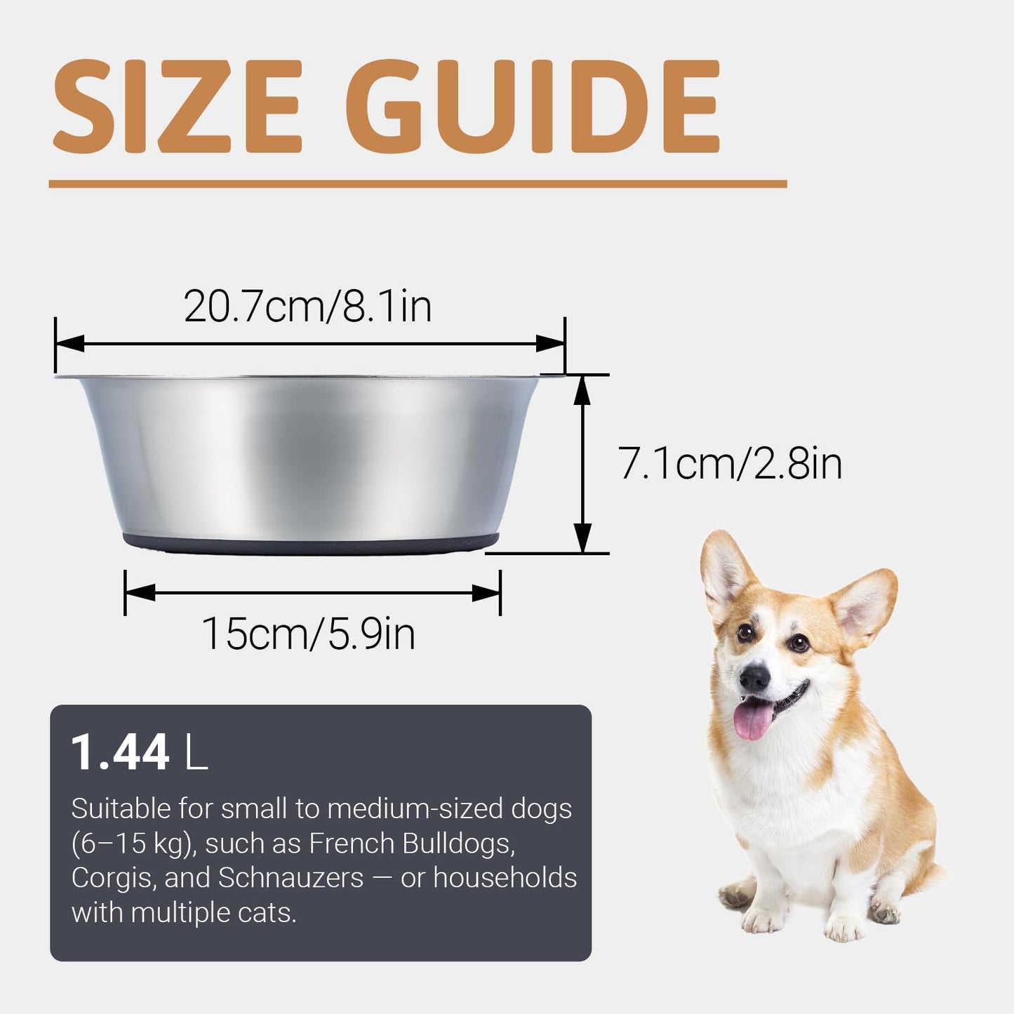 PEGGY11 Stainless Steel Dog Bowls, Nonslip, Food Grade, Dishwasher Safe, Easy to Clean - 1.44L, 2 Pack