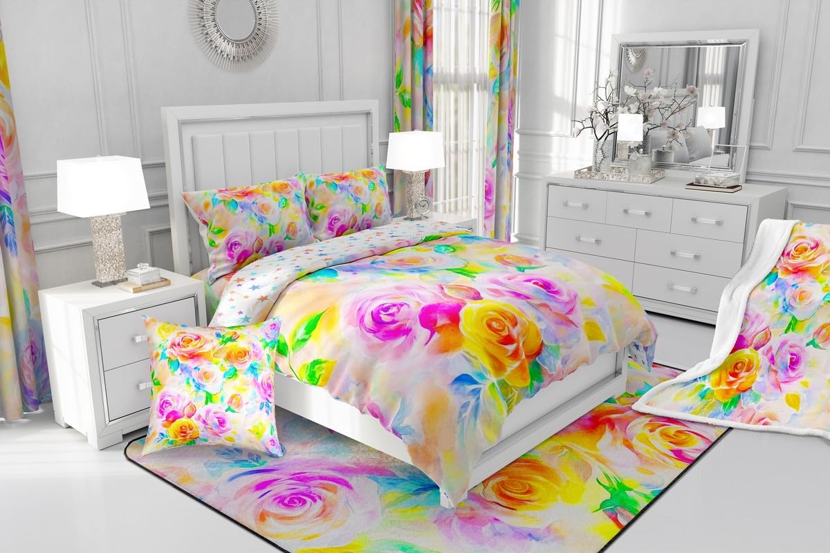 Feelyou Rose Flower Bedding Sheets Girls Women Like Full Yellow Purple Flower Bed Sheet Set Garden Flower Fitted Sheet Pretty Botanical Bed Cover 3Pcs,1 Fitted Sheet+2 Pillow Sham(No Flat Sheet)