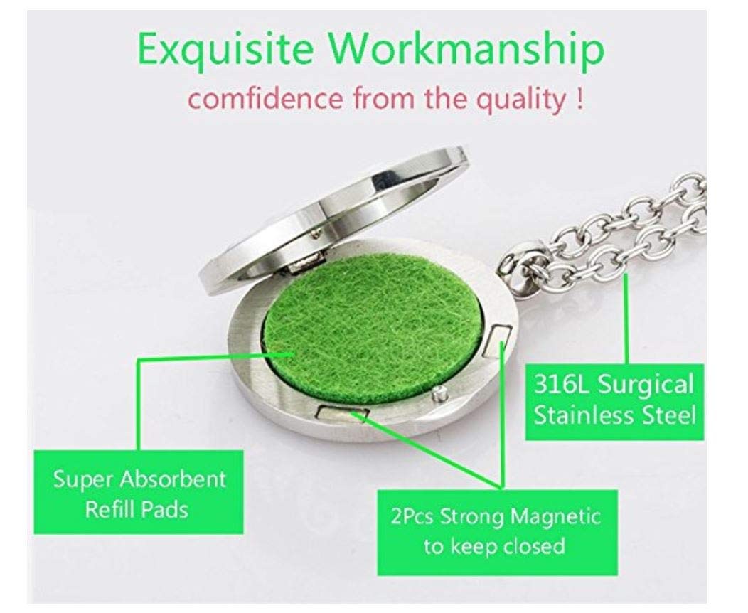 Aromatherapy Essential Oil Diffuser Stainless Steel 30MM Silver Magnetic Locket Pendant 2 Sizes Chain Necklace, Refill Pads & Diffuser Bracelet in a Velvet Bag (Live Love Dream)