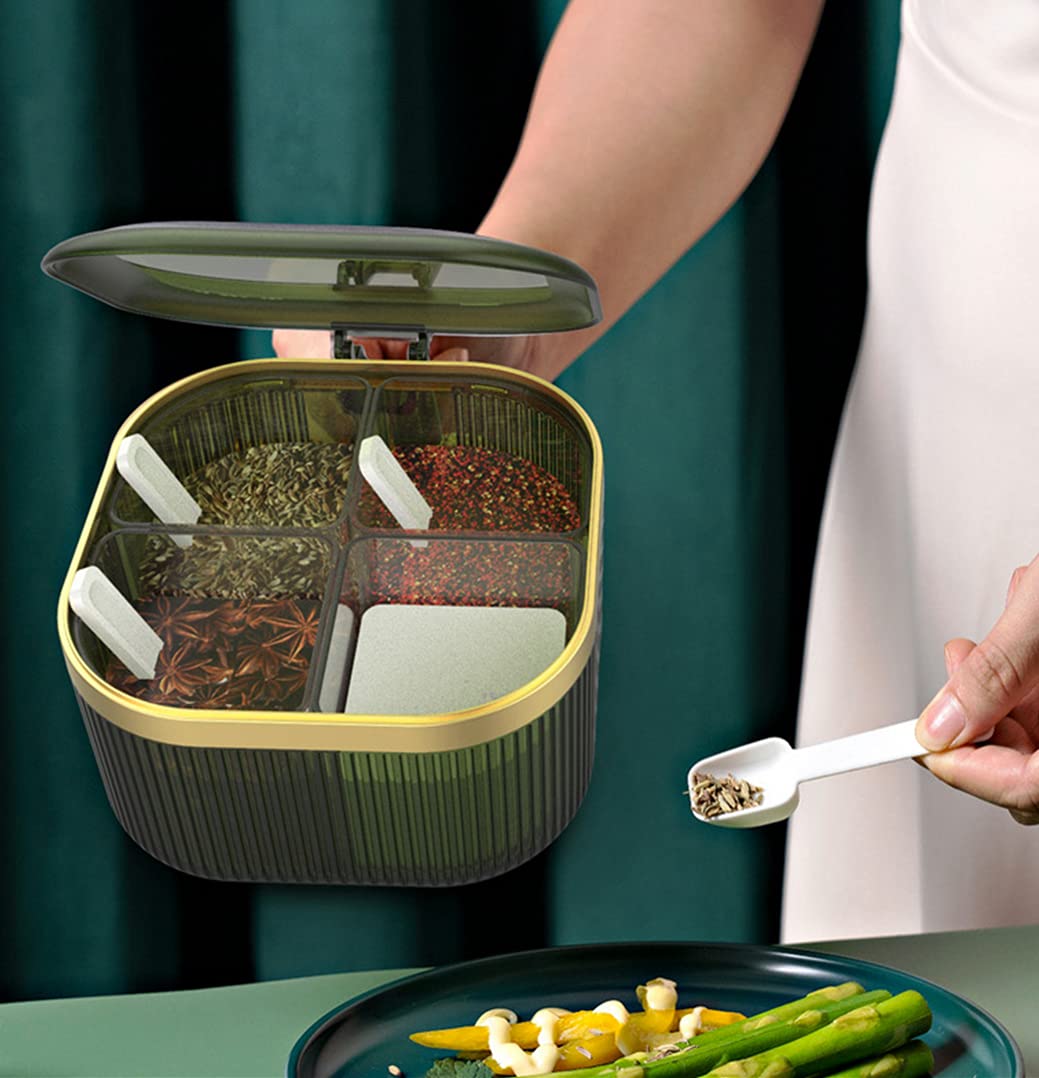 NAN Wind 4 Compartments Seasoning Box With Lid,Clear Seasoning Storage Box Container,Seasoning Box with Cover and Serving Spoons,Kitchen Condiment Jars,Plastic Seasoning Box Set(White)