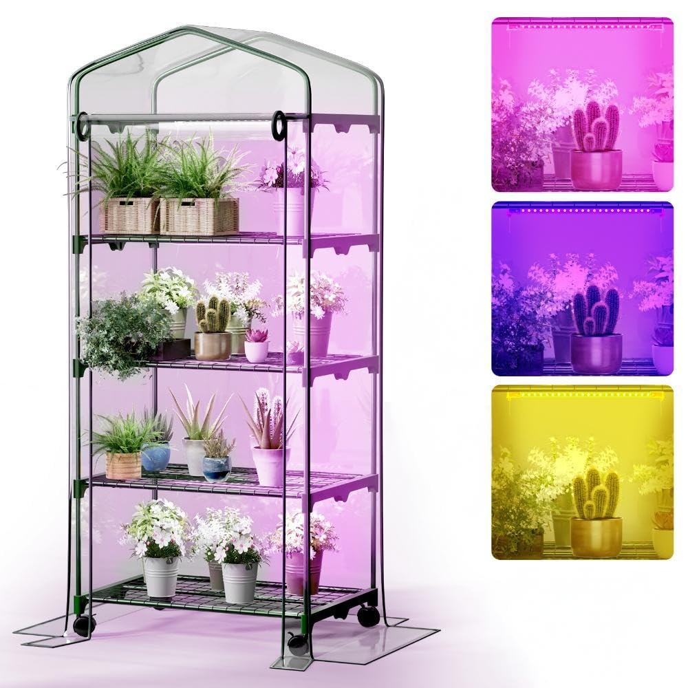 Indoor Greenhouse with Grow Lights & Wheels, 4 Tier Wire Shelf PVC Tent Portable Mini Green House Cabinet Kit for Plant Seed Starting Mushroom Grow