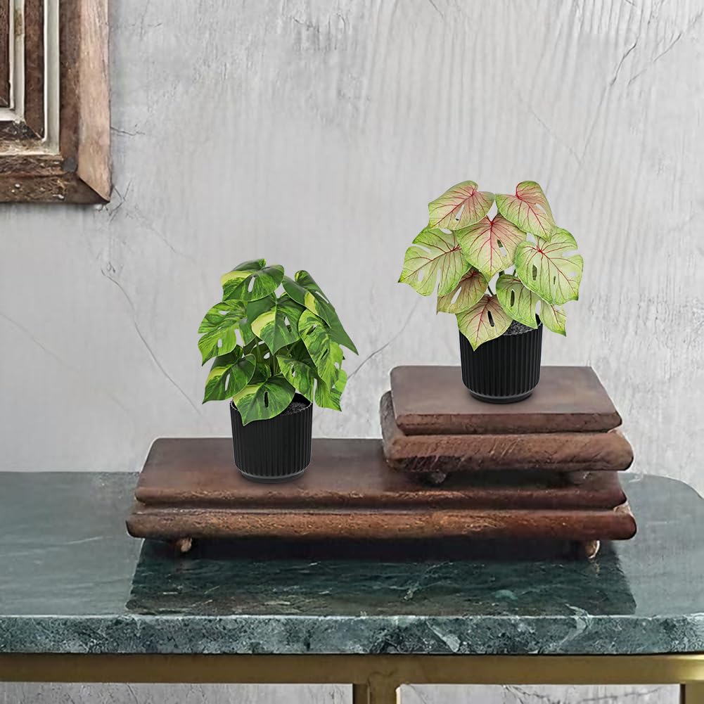 Oairse Small Artificial Monstera Potted Plant - 2 Pcs Faux Monstera Plants Mini Fake Greenery Deliciosa Plant Potted Fake Tropical Plants in Pot for Home Office Table Room Farmhouse Indoor Decoration