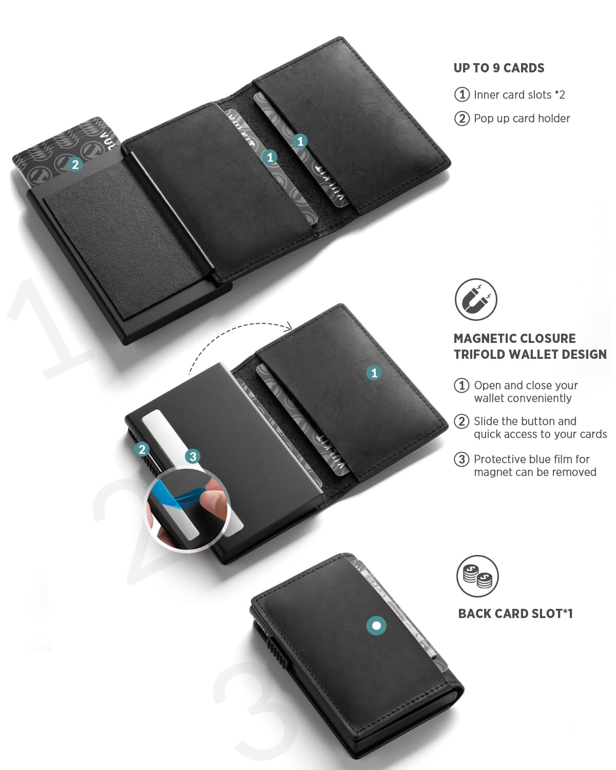 VULKIT Card Holder Pop Up Wallet RFID Blocking Slim Crazy Horse Leather Card Wallet Holds 11 Cards and Notes with Magnetic Closure