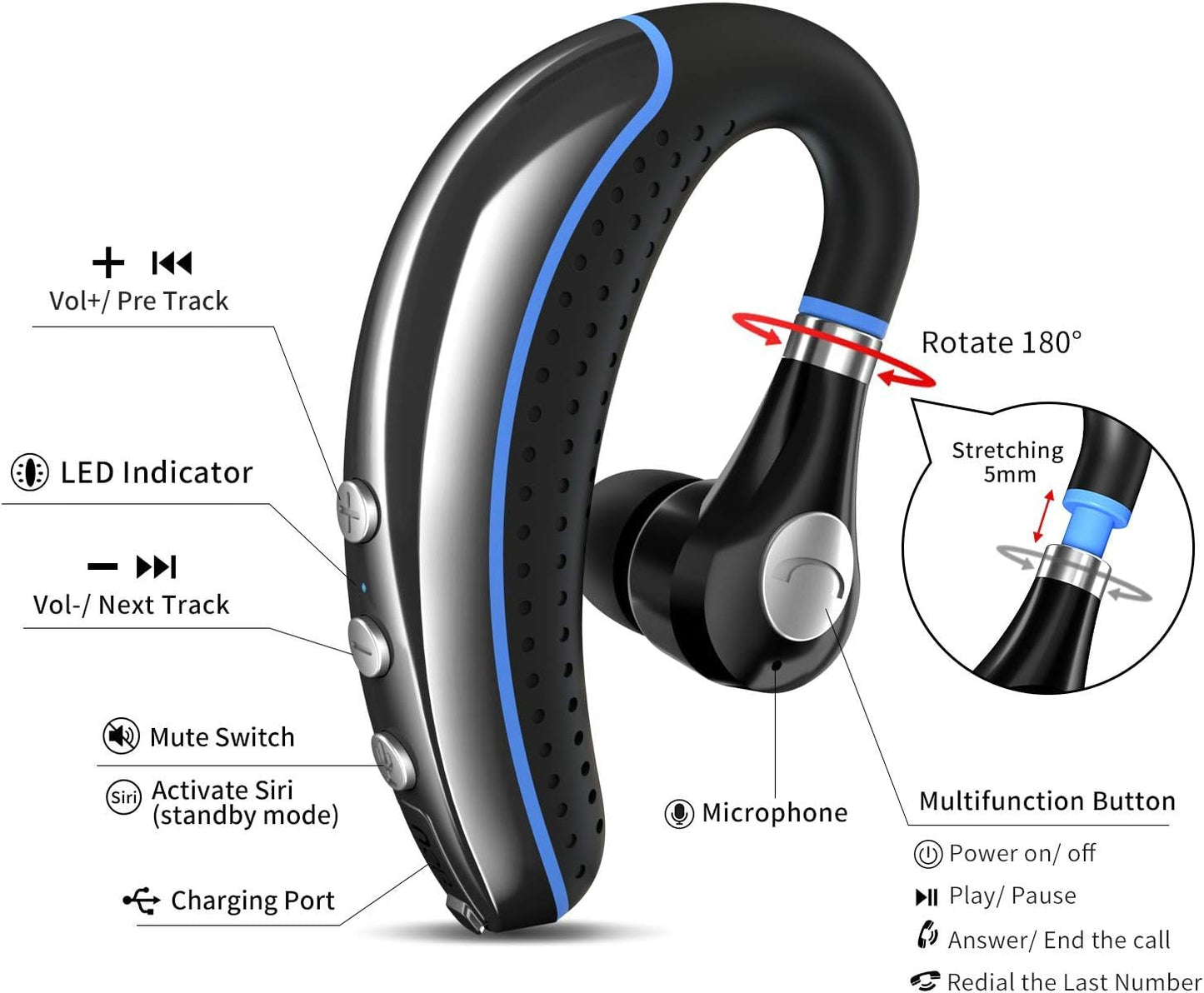 LSAPT Bluetooth Headset V5.0 Wireless Bluetooth Earpiece with Noise Canceling Mic for Cell Phone Ultralight Business Earphone for Driving/Trucker/Office Earbus for Android/iPhone/Smartphone-Blue