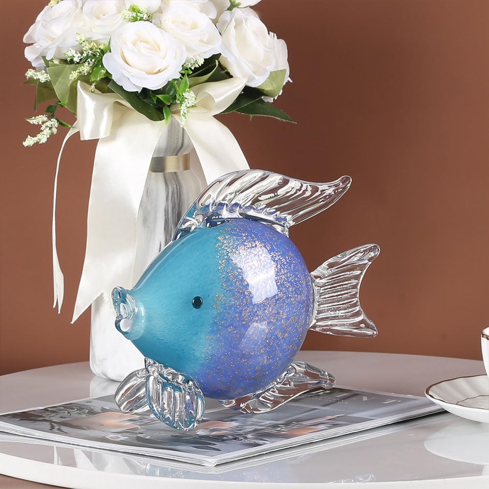 QIANLING Glass Fish Figurines - Coastal Home Decor, Modern Ocean Centerpieces for Living Room, Dining Area, Bathroom, Office, Coffee Table, Beach House, Nautical, Seaside, Entrance, Shelf Display