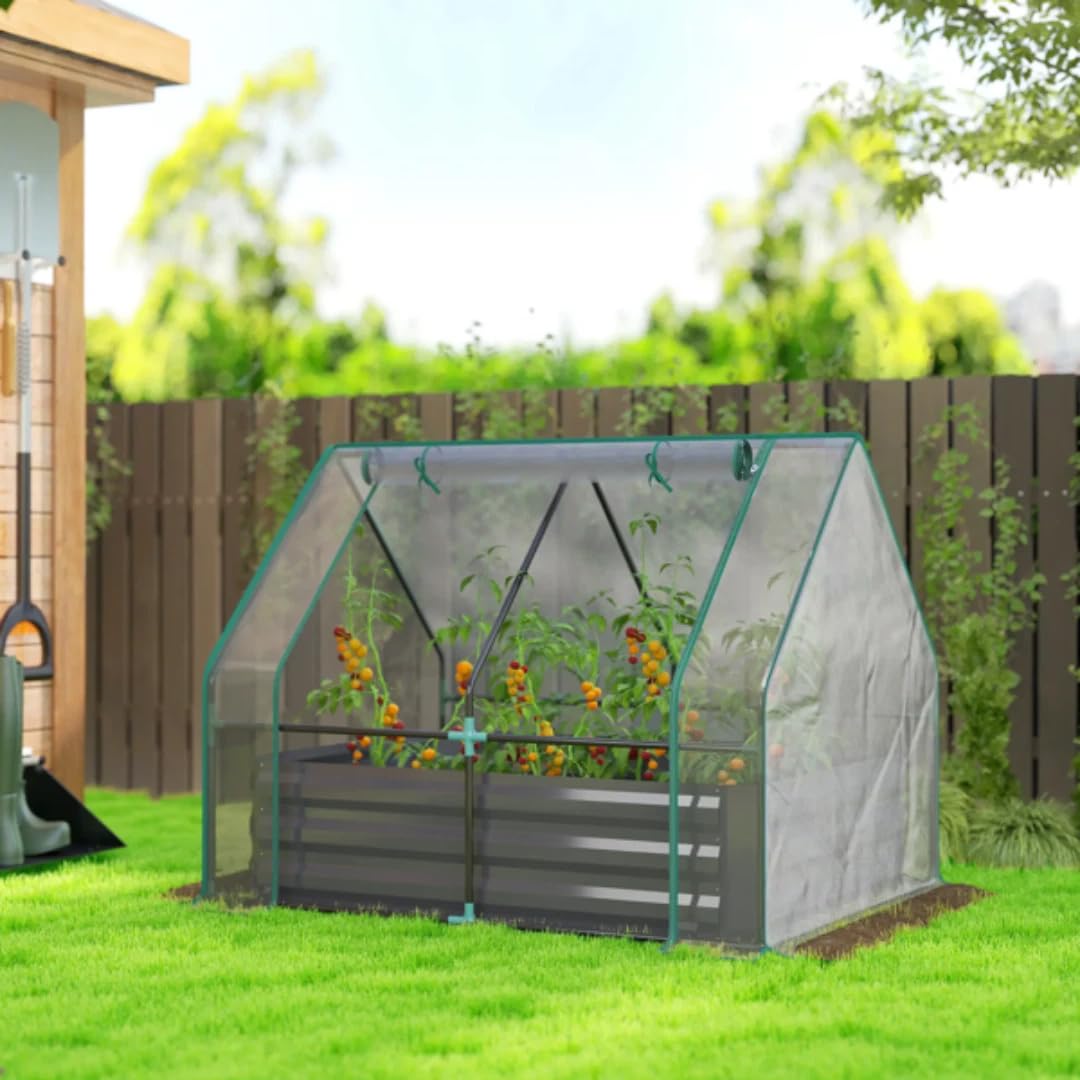 RLOZUI Metal Raised Garden Bed with Greenhouse Cover, 4.2x3.1x3FT Outdoor Galvanized Planter for Vegetables Flowers and Fruit