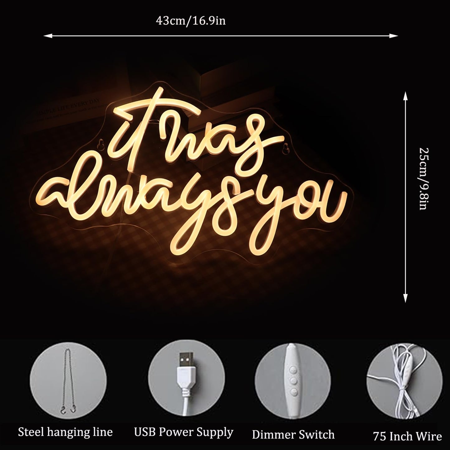 QiaoFei LED It Was Always You Neon Sign with Dimmer Switch Decor for Wedding,Engagement, Birthday Party, Wall Decor for Bedroom Living Room Bar and Gifts for Loved Ones(Warm white)