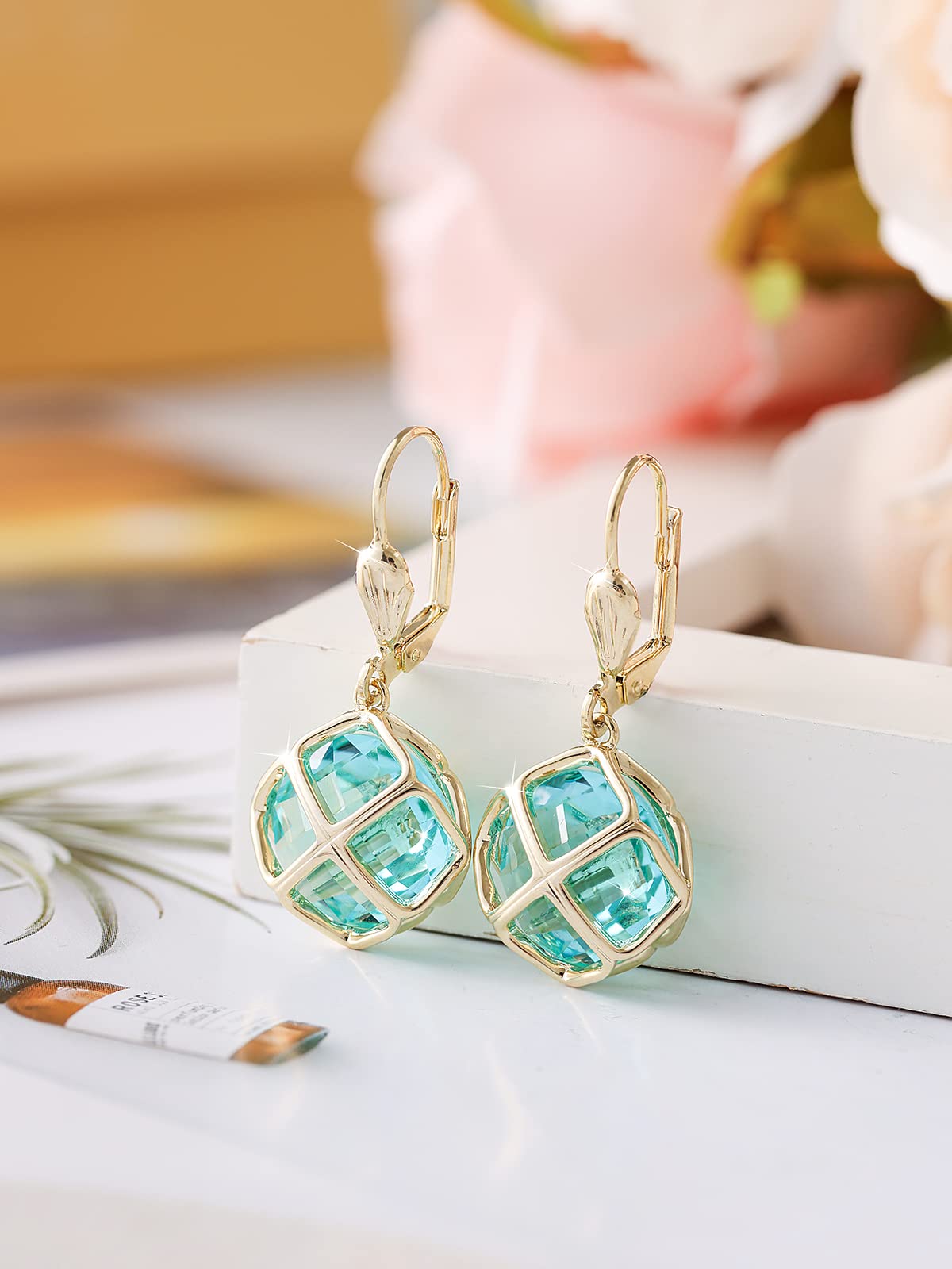 Qinpan 14MM Crystal Pendant Dangle Necklace Earrings Sets for Women Glod Plated Costume Jewelry, 38*17.8mm, Platinum, Sapphire
