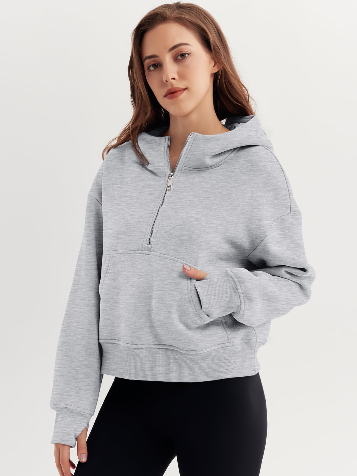 Trendy Queen Womens Hoodies Quarter Half Zip Pullover Oversized Sweatshirts Half With Pockets Fall Clothes GreyXL